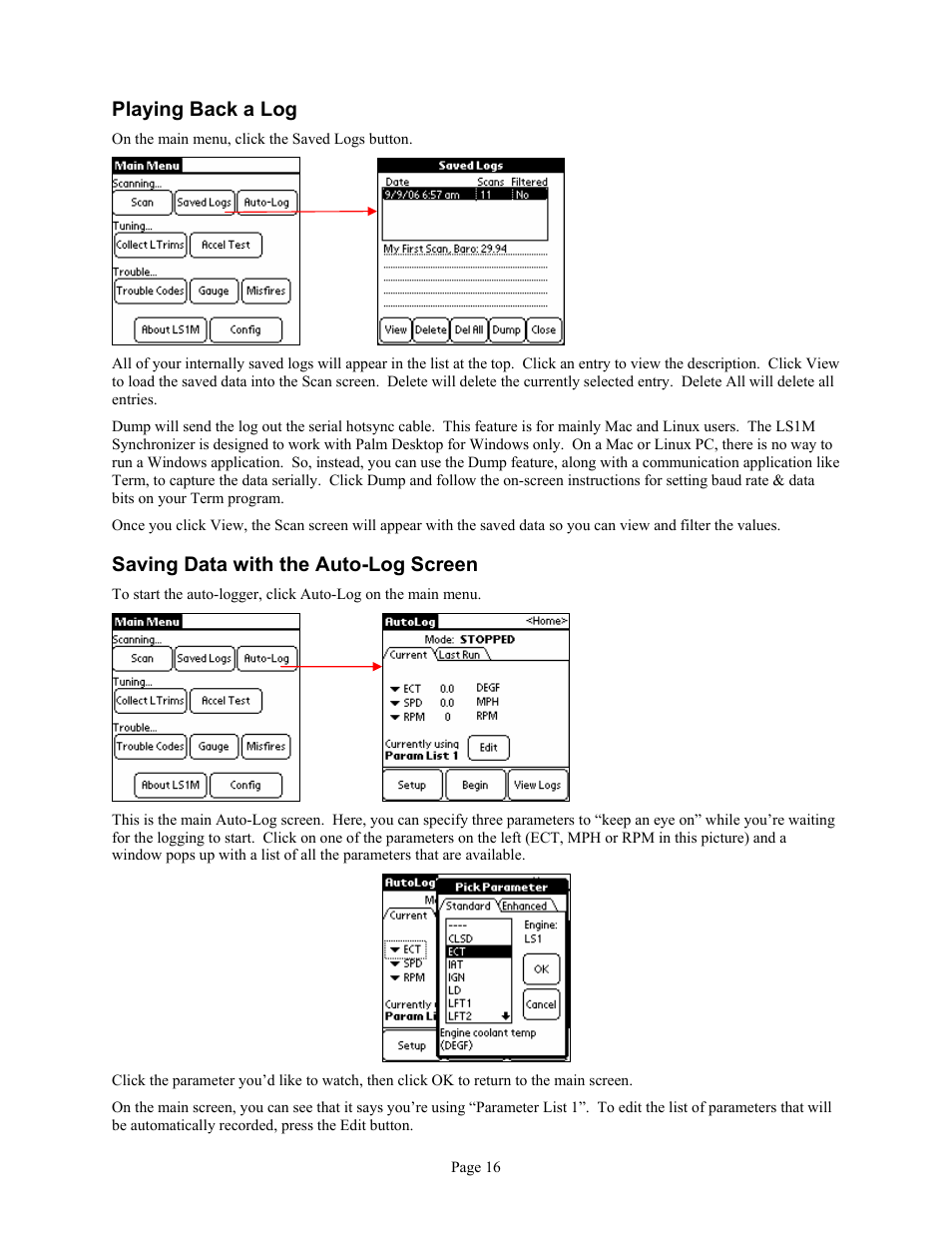 Playing back a log, Saving data with the auto-log screen | Associated Equipment GM L36 User Manual | Page 16 / 28