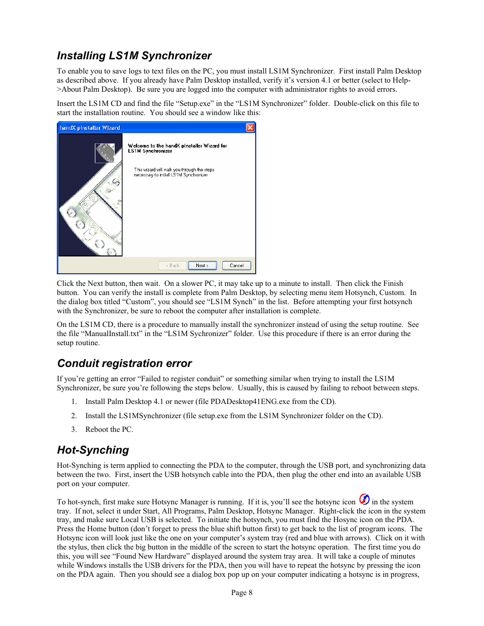 Installing ls1m synchronizer, Conduit registration error, Hot-synching | Associated Equipment GM L36 User Manual | Page 8 / 28