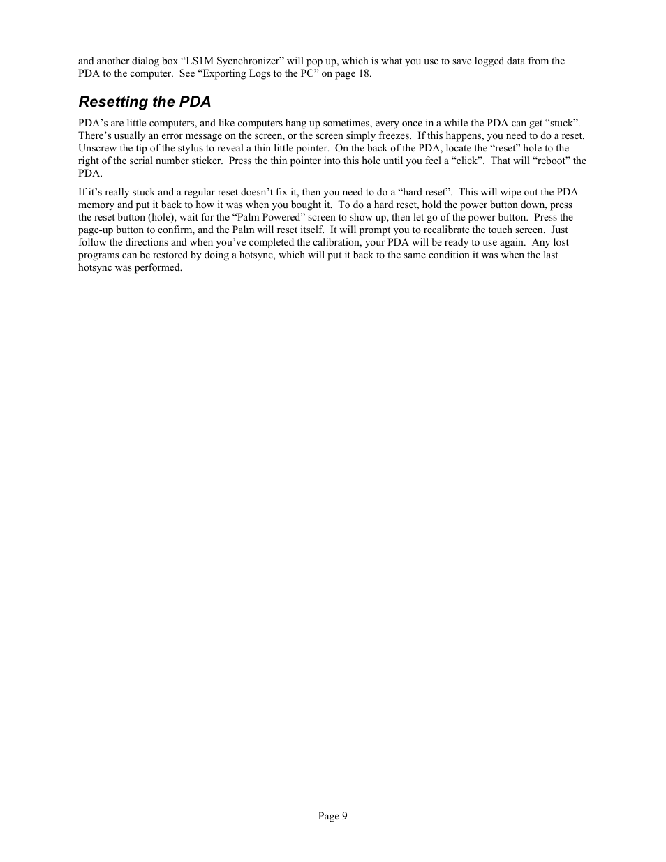 Resetting the pda | Associated Equipment GM L36 User Manual | Page 9 / 28