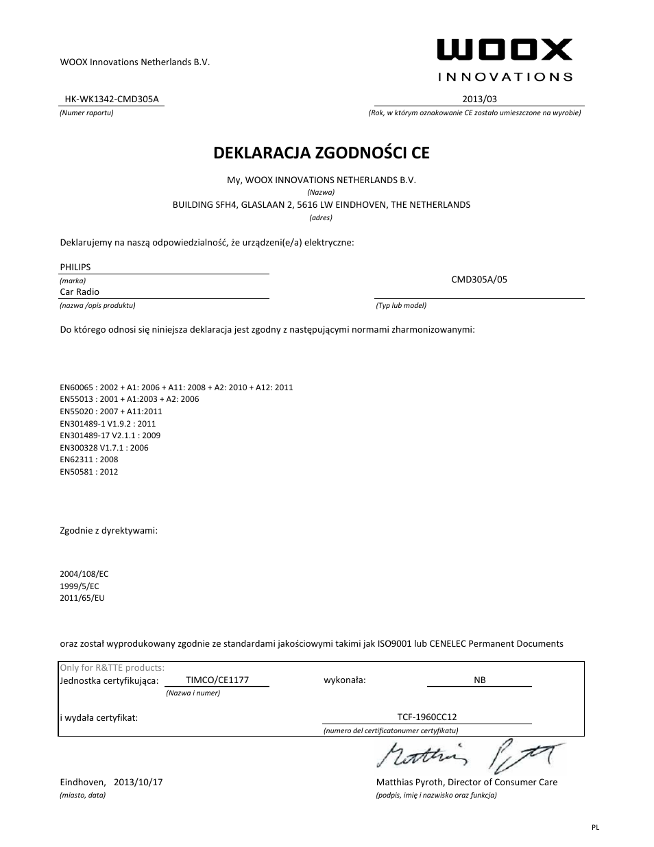 Deklaracja zgodności ce | Philips CarStudio Station d'accueil multimédia pour voiture User Manual | Page 11 / 21