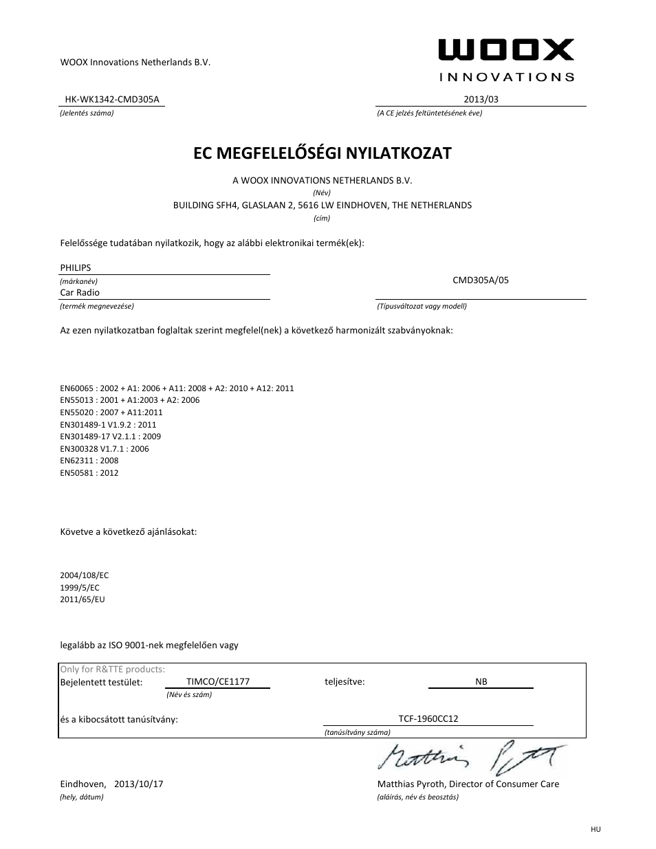 Ec megfelelőségi nyilatkozat | Philips CarStudio Station d'accueil multimédia pour voiture User Manual | Page 13 / 21