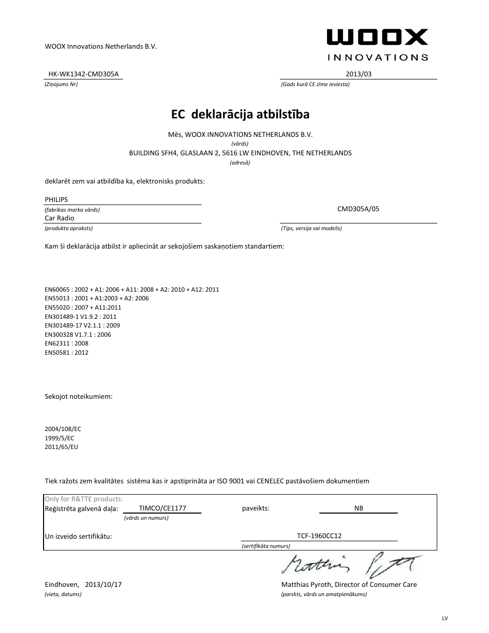 Ec deklarācija atbilstība | Philips CarStudio Station d'accueil multimédia pour voiture User Manual | Page 19 / 21