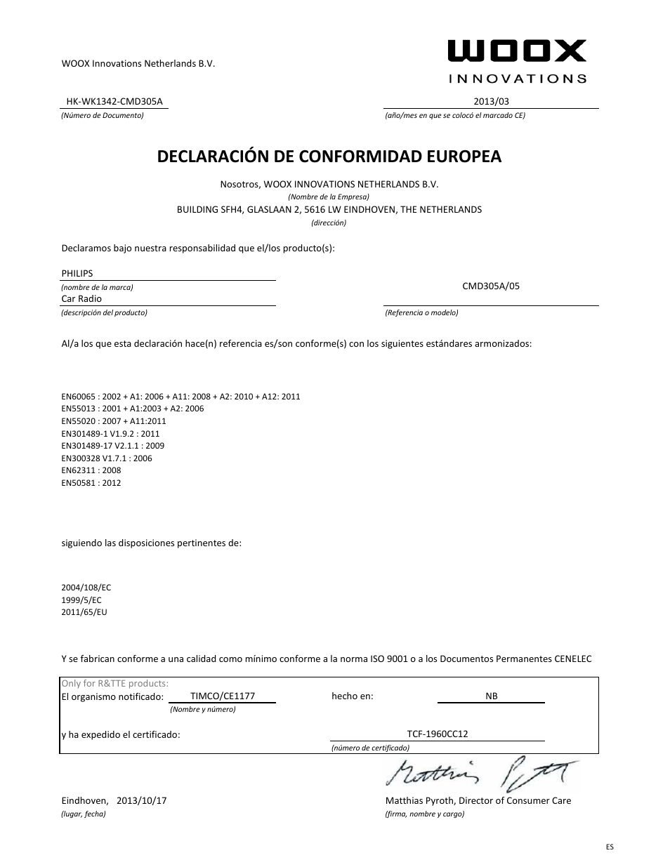 Declaració n de conformidad europea | Philips CarStudio Station d'accueil multimédia pour voiture User Manual | Page 7 / 21