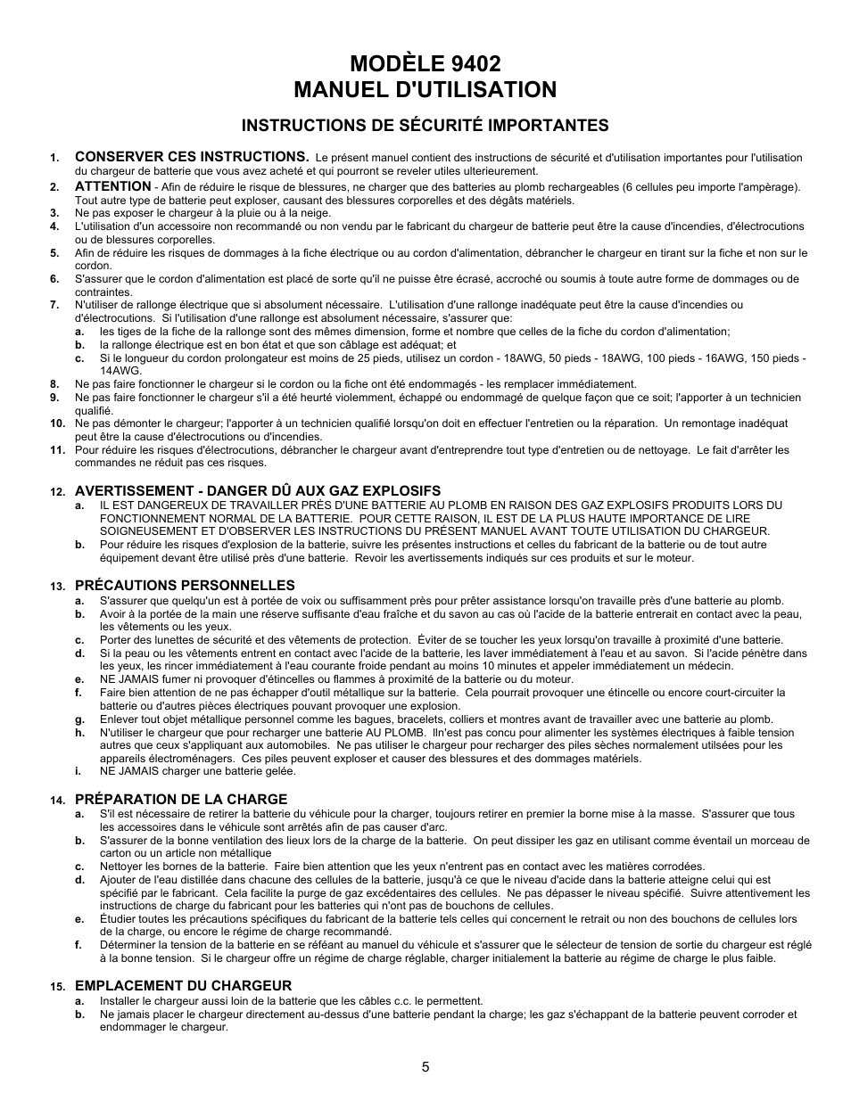 Modèle 9402 manuel d'utilisation, Instructions de sécurité importantes | Associated Equipment 9402 User Manual | Page 5 / 13