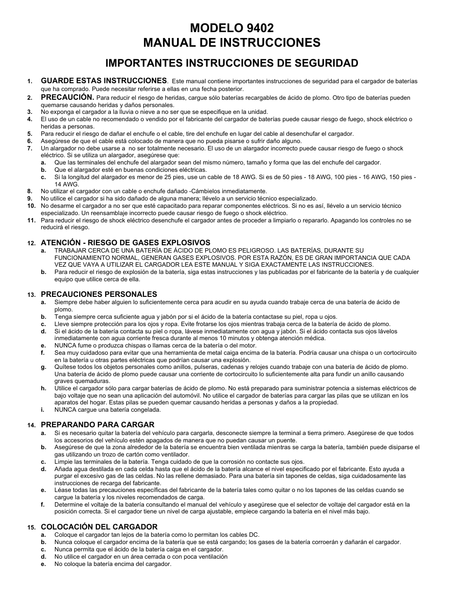 Modelo 9402 manual de instrucciones, Importantes instrucciones de seguridad | Associated Equipment 9402 User Manual | Page 9 / 13