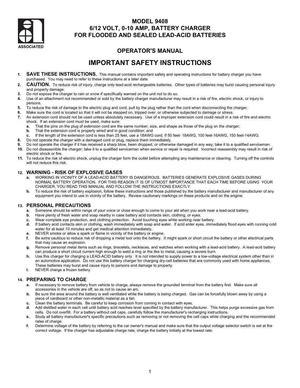 Associated Equipment 9408 User Manual | 5 pages