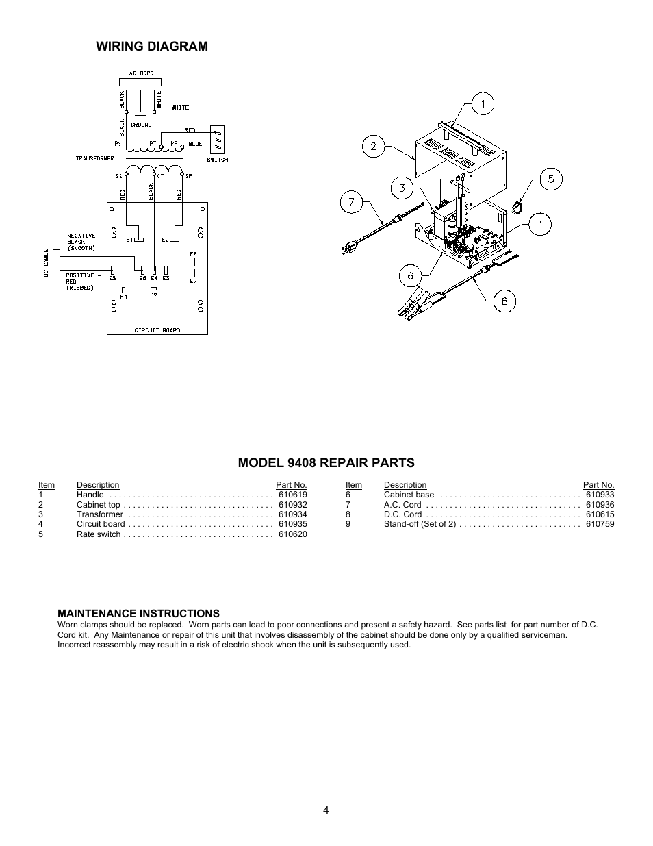 Wiring diagram model 9408 repair parts | Associated Equipment 9408 User Manual | Page 4 / 5