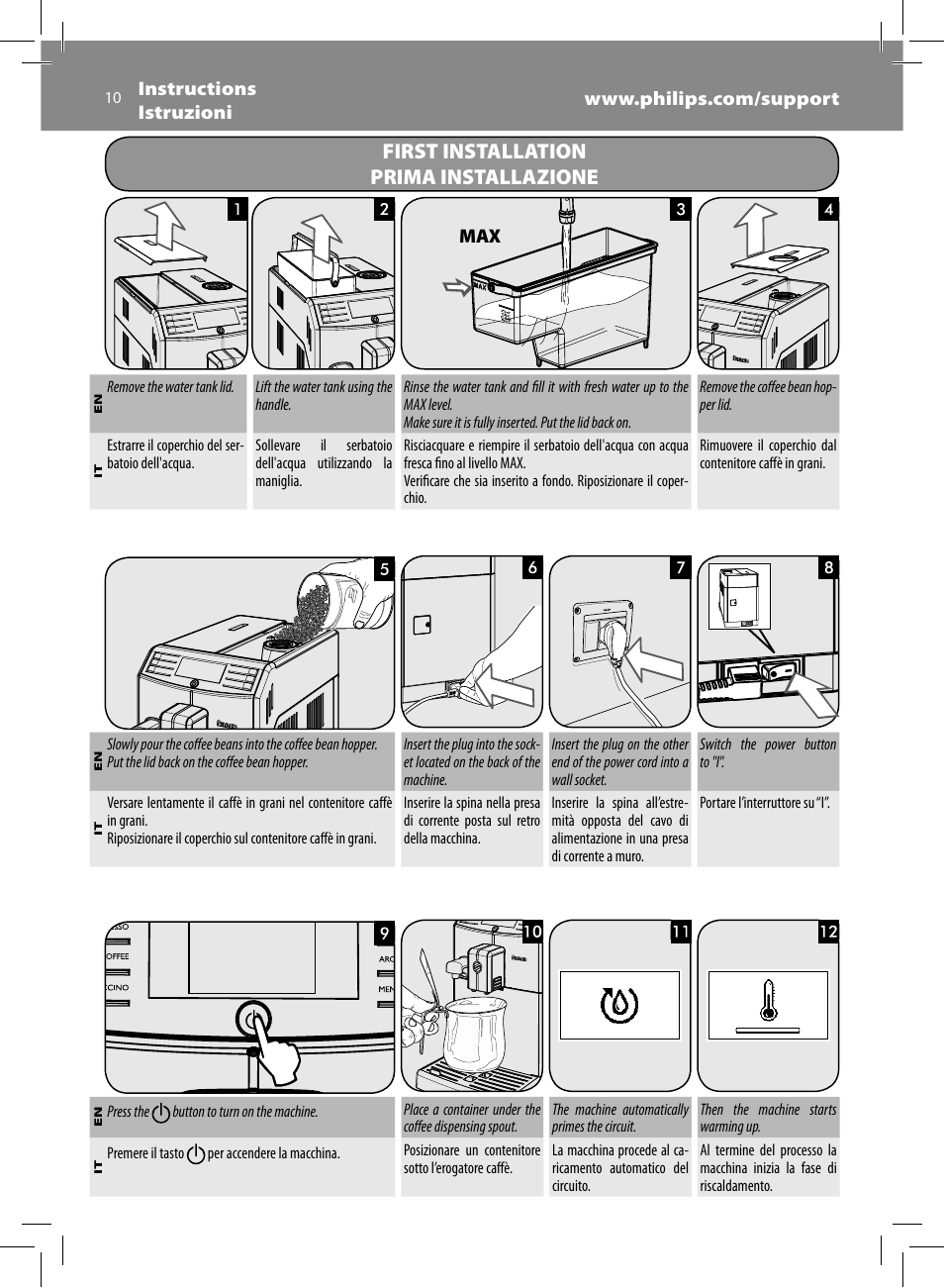 First installation prima installazione | Philips Saeco Minuto Machine espresso Super Automatique User Manual | Page 10 / 84
