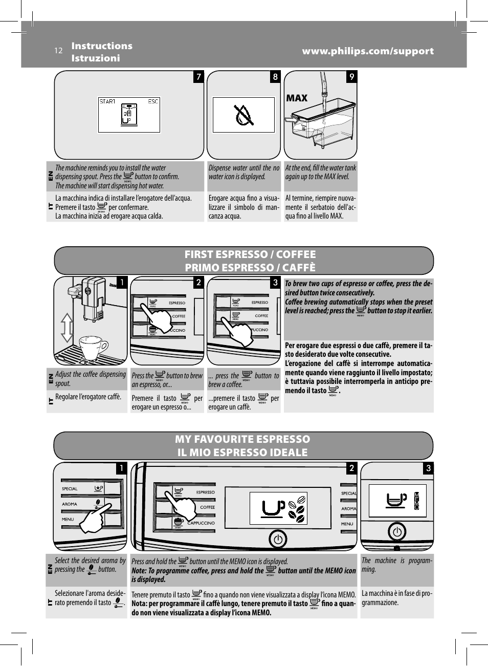 First espresso / coffee primo espresso / caffè, My favourite espresso il mio espresso ideale | Philips Saeco Minuto Machine espresso Super Automatique User Manual | Page 12 / 84