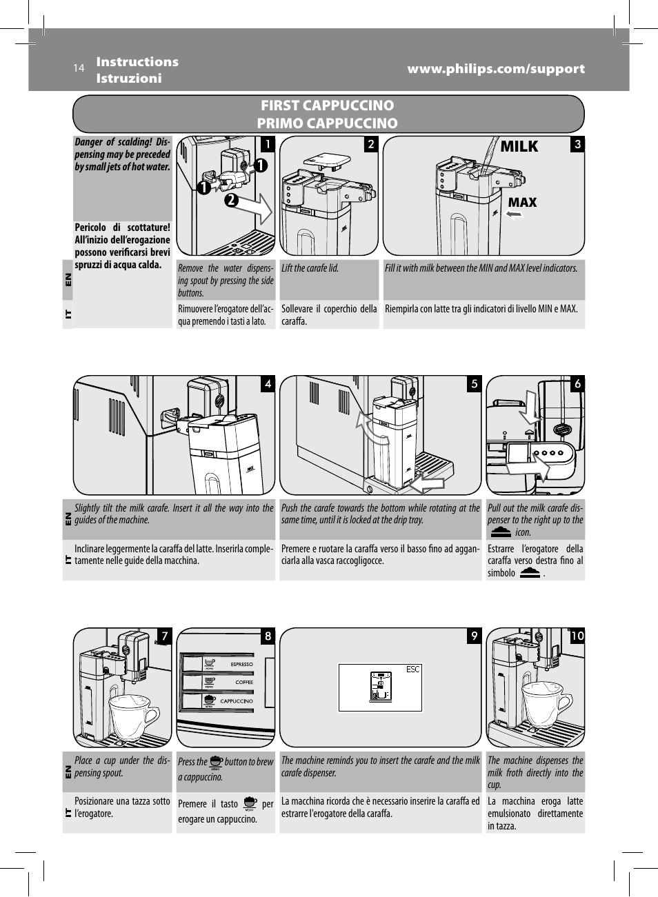 Milk 1 1 2, First cappuccino primo cappuccino | Philips Saeco Minuto Machine espresso Super Automatique User Manual | Page 14 / 84