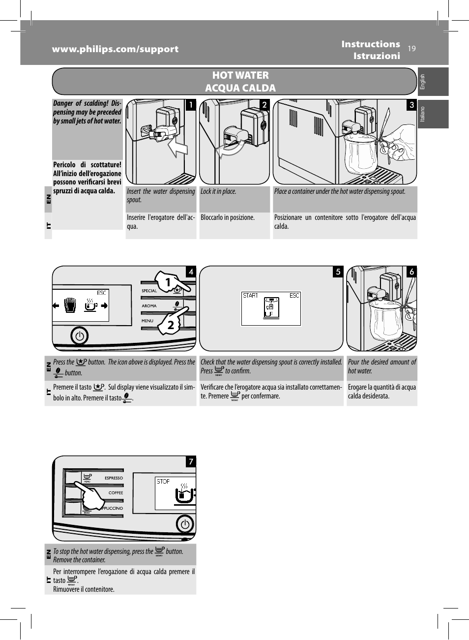 Hot water acqua calda | Philips Saeco Minuto Machine espresso Super Automatique User Manual | Page 19 / 84
