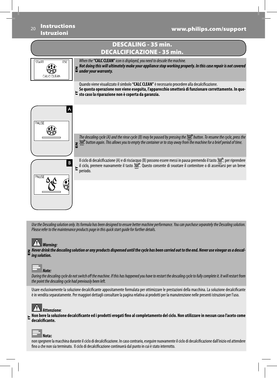 Descaling - 35 min. decalcificazione - 35 min | Philips Saeco Minuto Machine espresso Super Automatique User Manual | Page 20 / 84