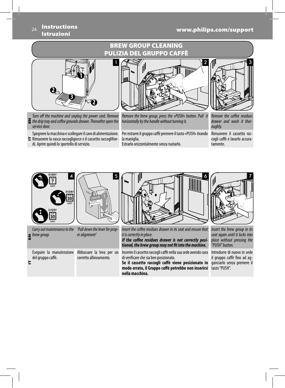 Brew group cleaning pulizia del gruppo caffè | Philips Saeco Minuto Machine espresso Super Automatique User Manual | Page 24 / 84