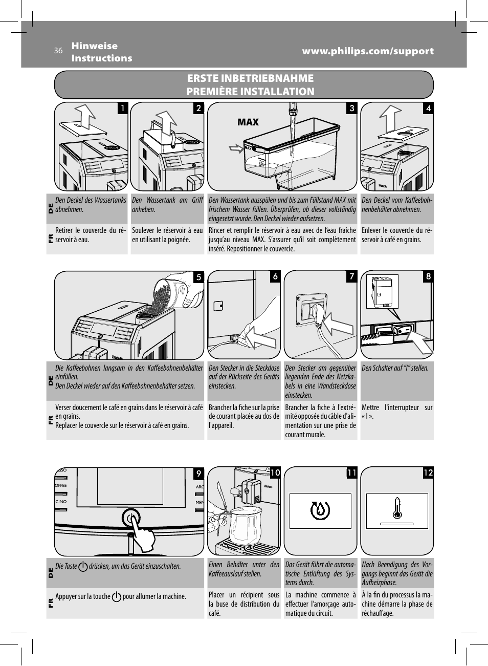 Erste inbetriebnahme première installation | Philips Saeco Minuto Machine espresso Super Automatique User Manual | Page 36 / 84