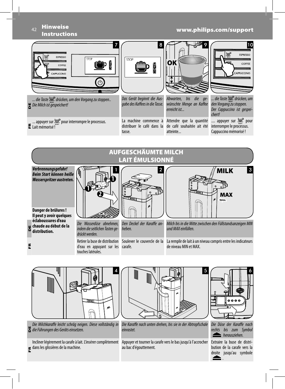 Milk 1 1 2, Aufgeschäumte milch lait émulsionné | Philips Saeco Minuto Machine espresso Super Automatique User Manual | Page 42 / 84
