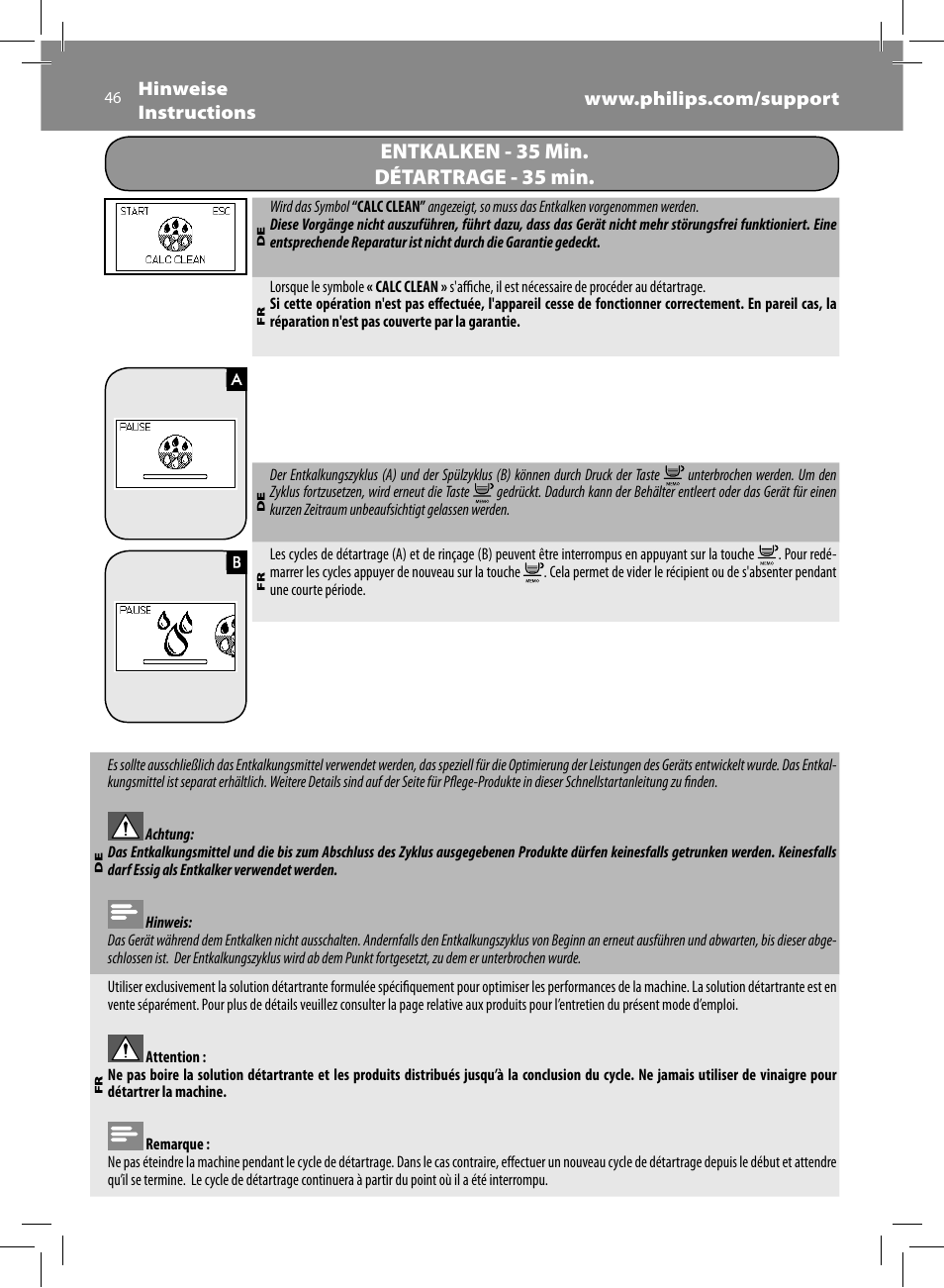 Entkalken - 35 min. détartrage - 35 min | Philips Saeco Minuto Machine espresso Super Automatique User Manual | Page 46 / 84