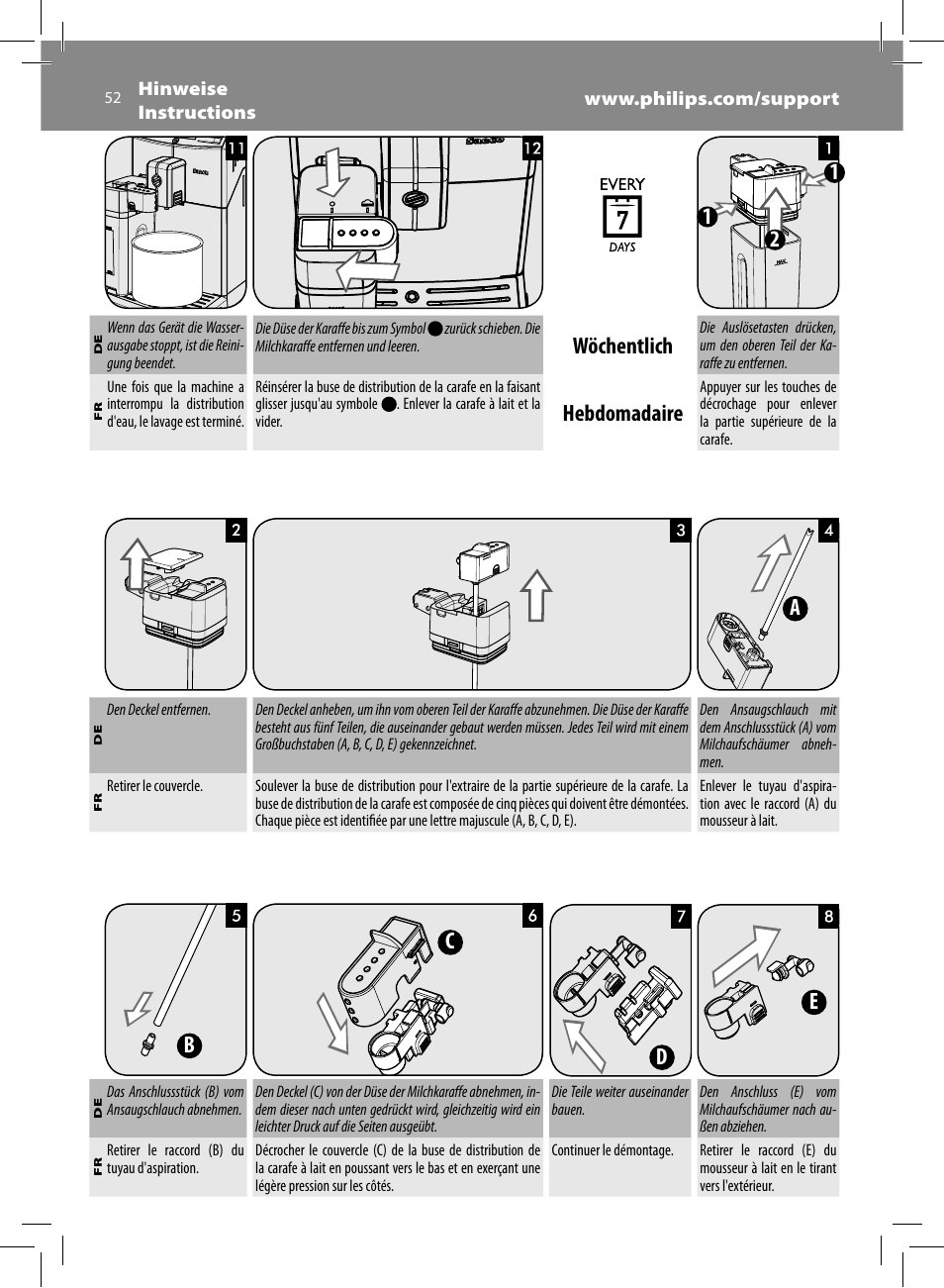 Wöchentlich, Hebdomadaire, Ab c d e | Philips Saeco Minuto Machine espresso Super Automatique User Manual | Page 52 / 84