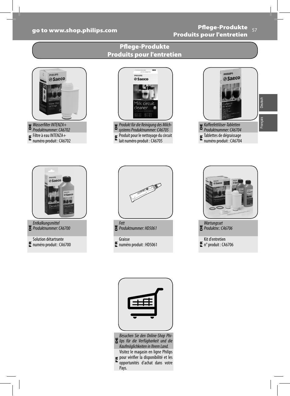 Pfl ege-produkte produits pour l'entretien | Philips Saeco Minuto Machine espresso Super Automatique User Manual | Page 57 / 84