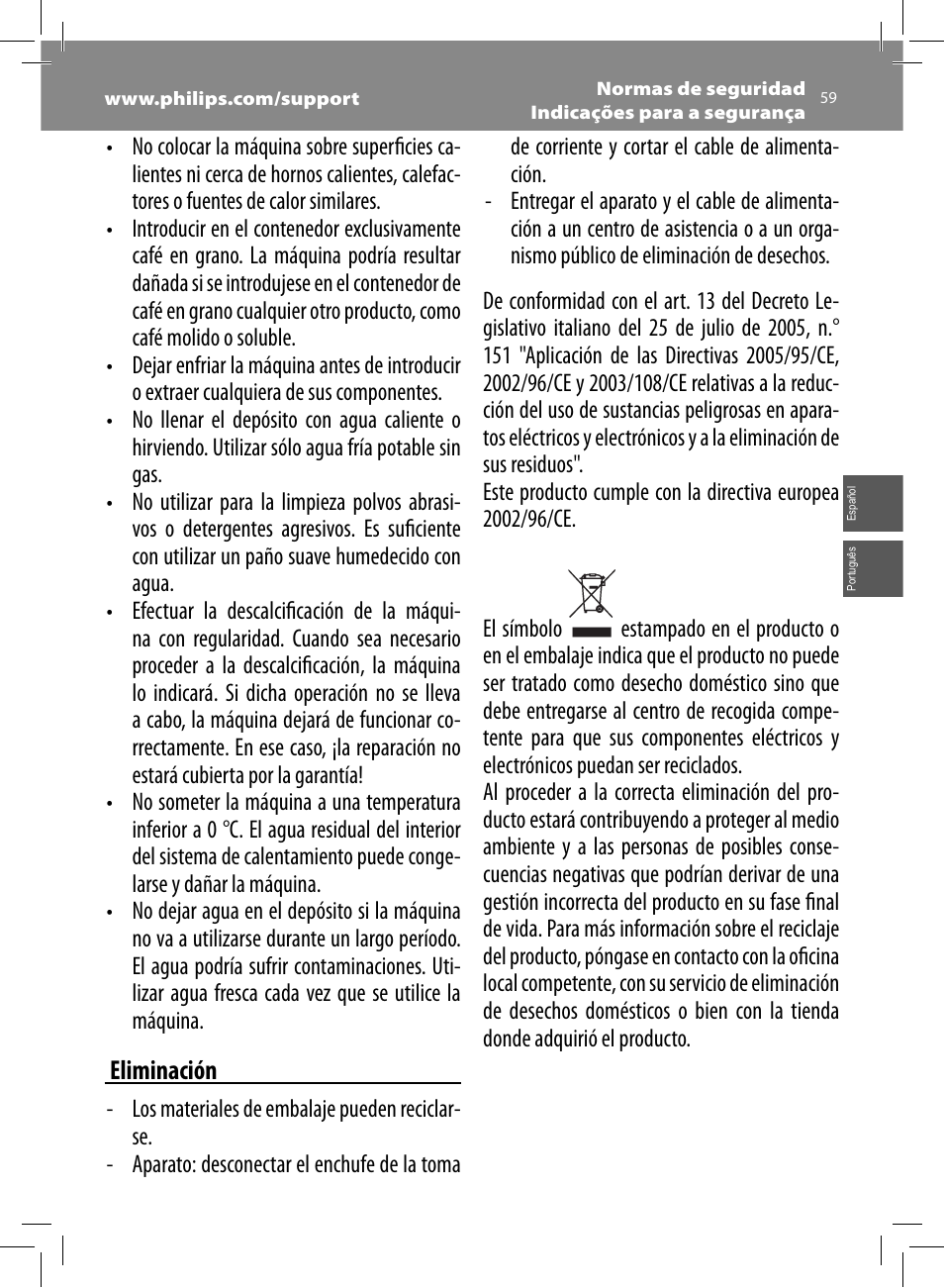 Eliminación | Philips Saeco Minuto Machine espresso Super Automatique User Manual | Page 59 / 84