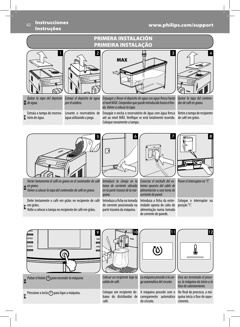 Primera instalación primeira instalação | Philips Saeco Minuto Machine espresso Super Automatique User Manual | Page 62 / 84