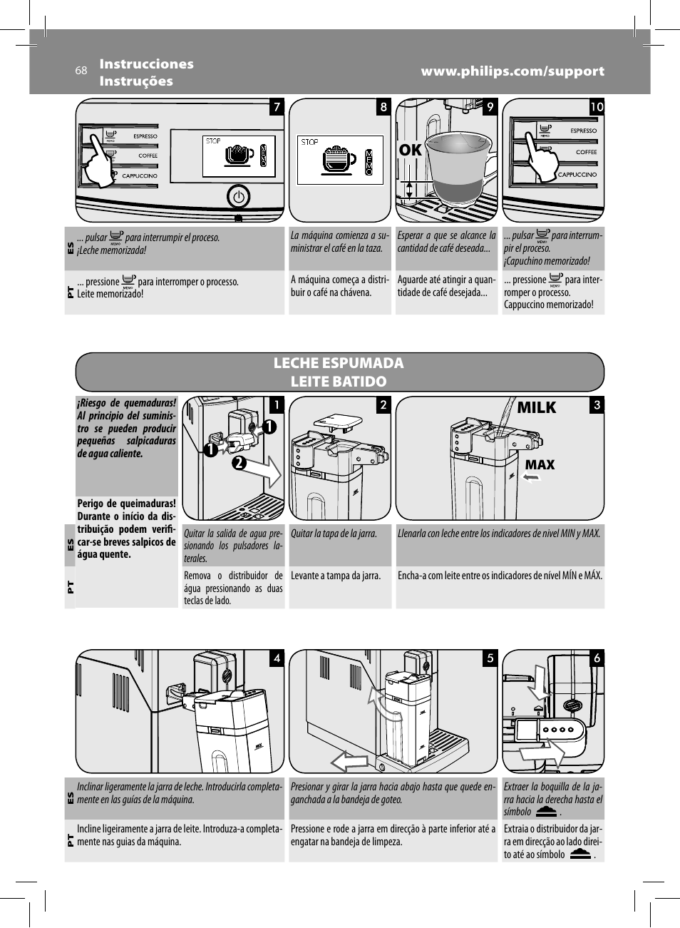 Milk 1 1 2, Leche espumada leite batido | Philips Saeco Minuto Machine espresso Super Automatique User Manual | Page 68 / 84