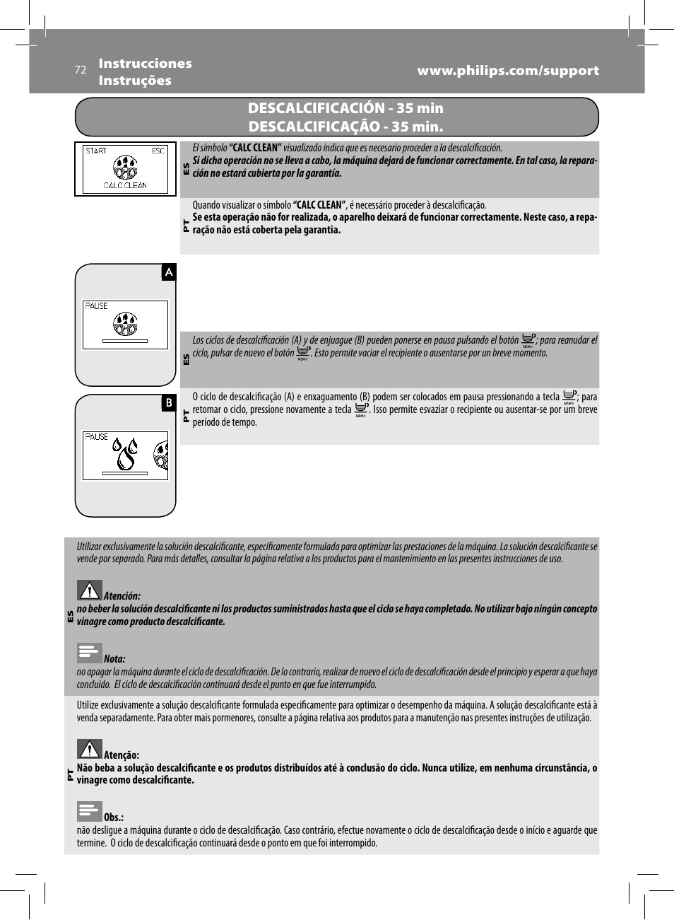 Descalcificación - 35 min descalcificação - 35 min | Philips Saeco Minuto Machine espresso Super Automatique User Manual | Page 72 / 84