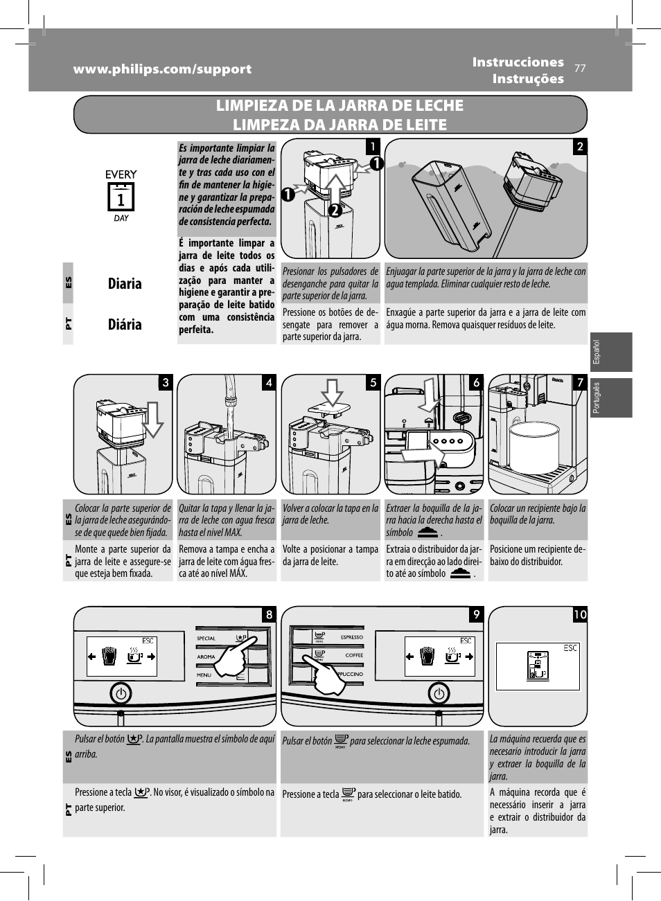 Diaria, Diária | Philips Saeco Minuto Machine espresso Super Automatique User Manual | Page 77 / 84