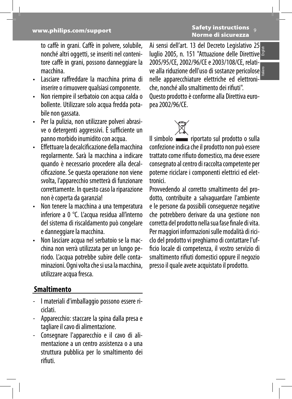 Smaltimento | Philips Saeco Minuto Machine espresso Super Automatique User Manual | Page 9 / 84