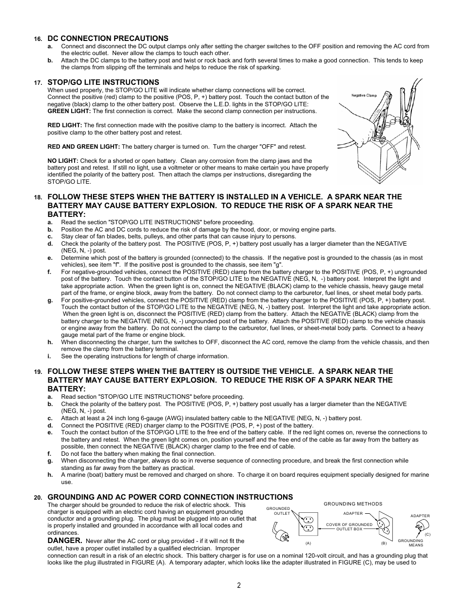 Dc connection precautions, Stop/go lite instructions, Danger | Associated Equipment 6002B User Manual | Page 2 / 7