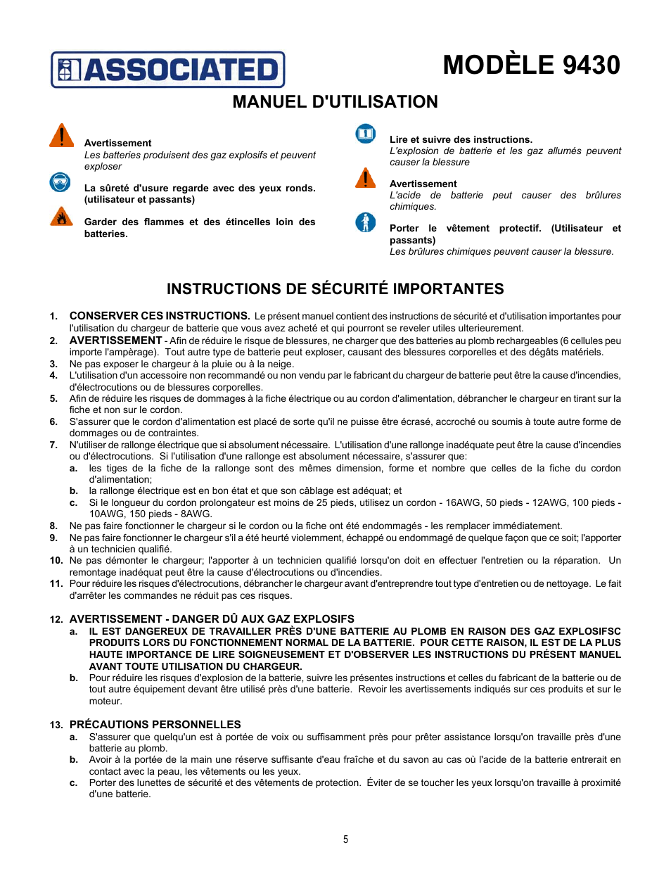 Modèle 9430, Manuel d'utilisation, Instructions de sécurité importantes | Associated Equipment 9430 User Manual | Page 5 / 13