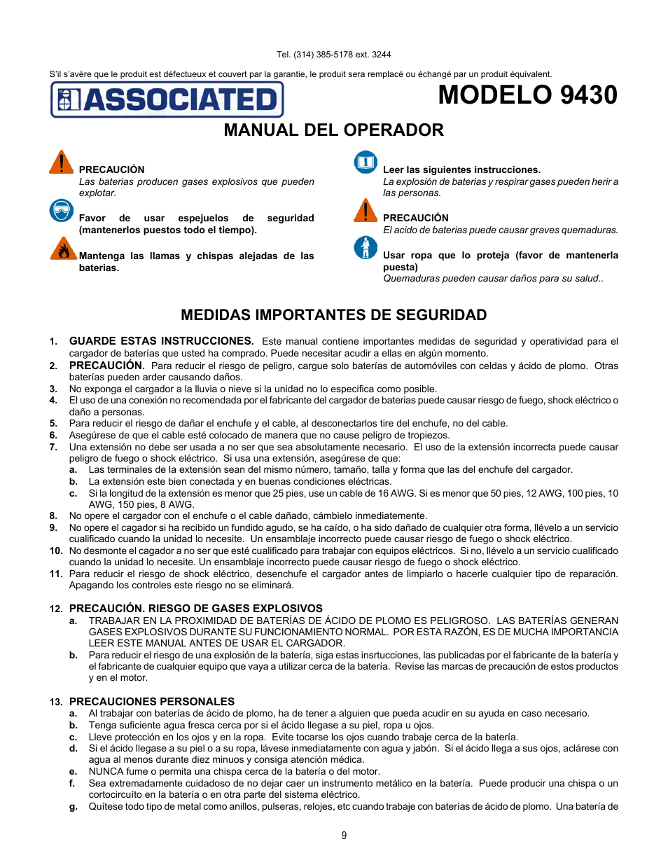 Modelo 9430, Manual del operador, Medidas importantes de seguridad | Associated Equipment 9430 User Manual | Page 9 / 13
