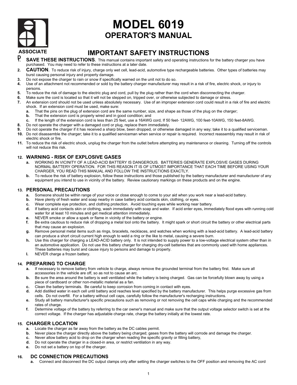 Associated Equipment 6019 User Manual | 6 pages