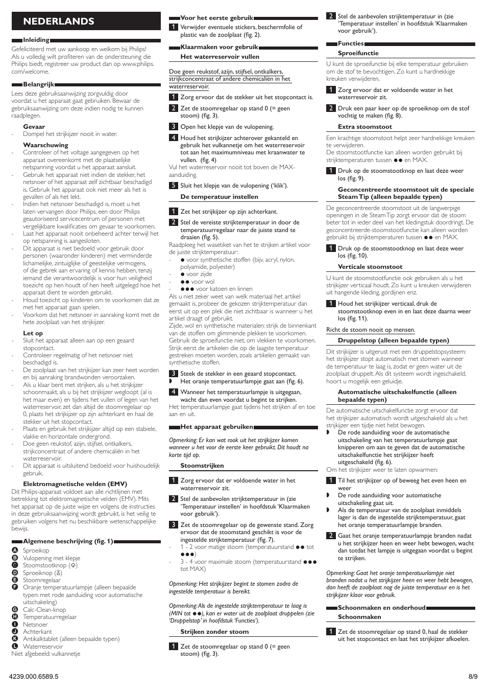 Nederlands | Philips 3300 series Fer vapeur User Manual | Page 8 / 9