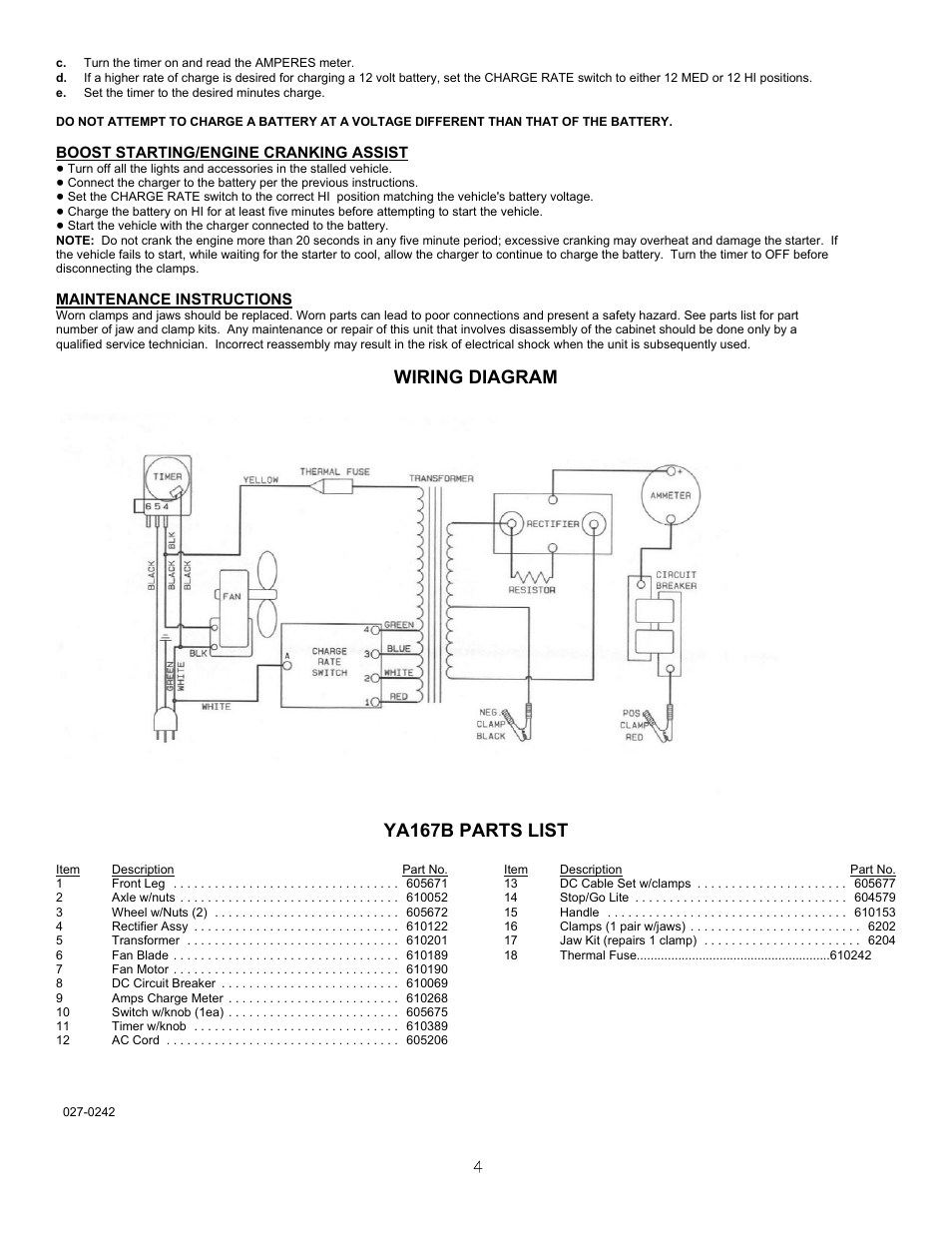 Wiring diagram ya167b parts list | Associated Equipment YA167B User Manual | Page 4 / 4