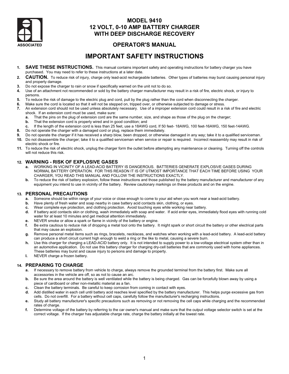 Associated Equipment 9410 User Manual | 5 pages