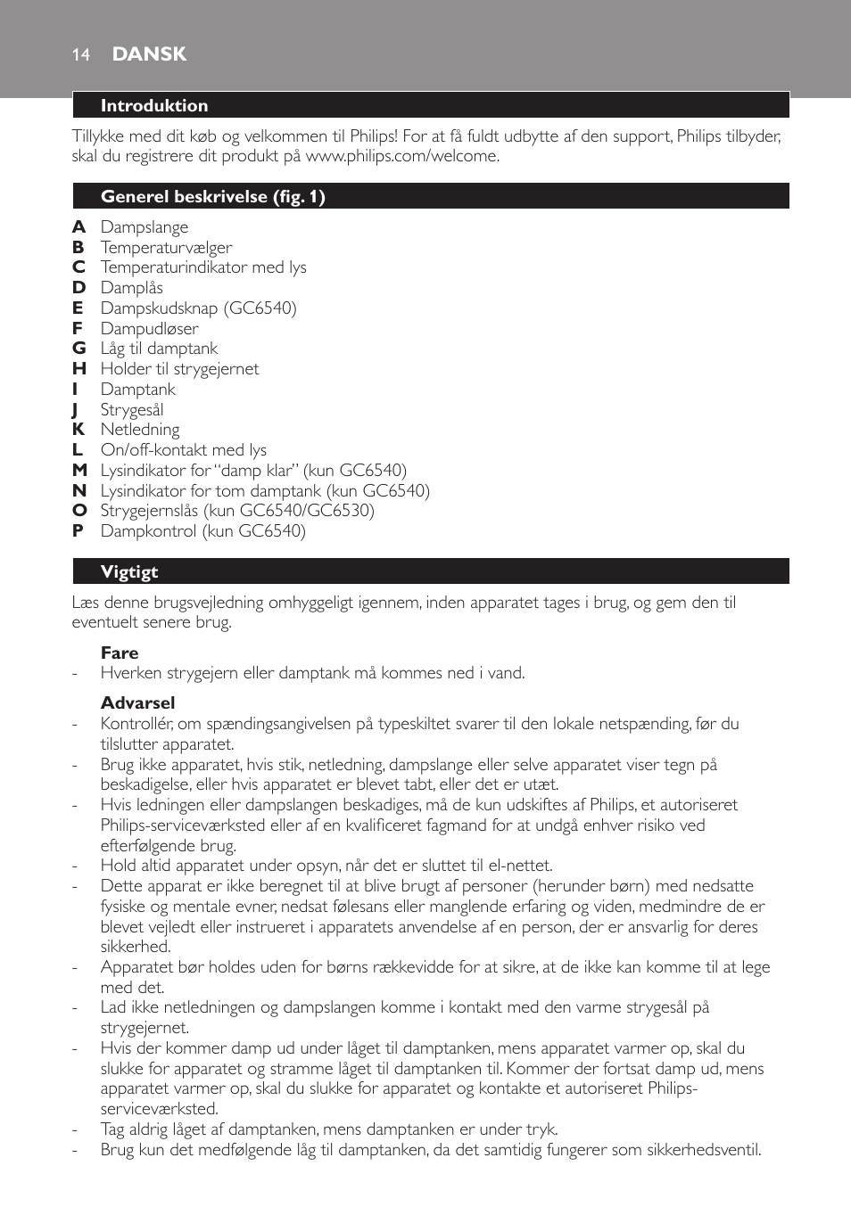 Dansk, Dansk 14 | Philips Centrale vapeur haute pression User Manual | Page 14 / 116