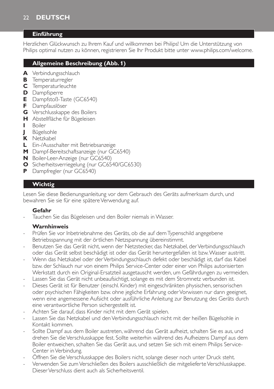 Deutsch, Deutsch 22 | Philips Centrale vapeur haute pression User Manual | Page 22 / 116