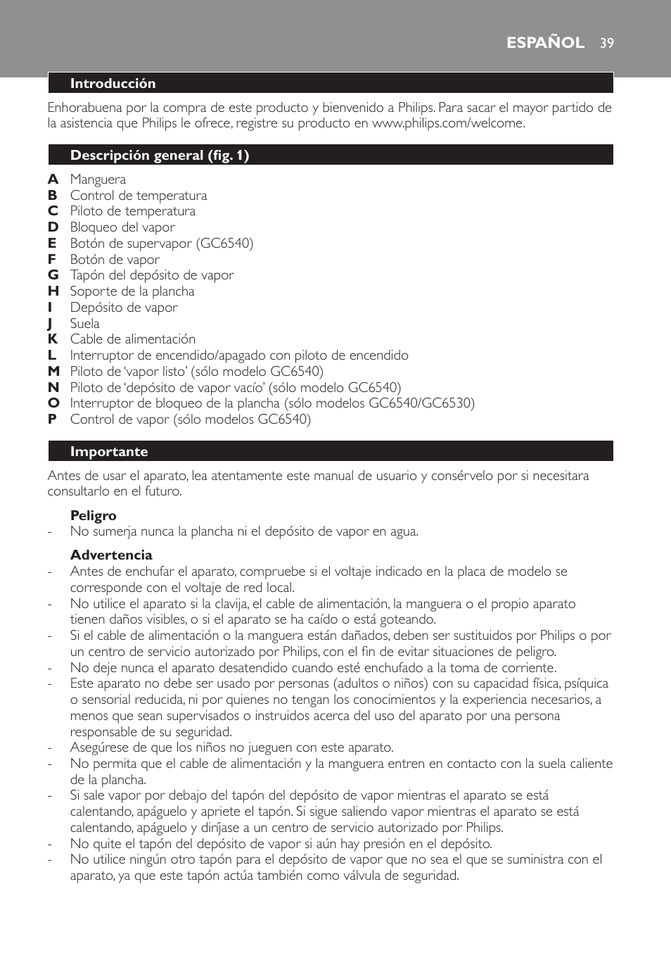 Español, Español 39 | Philips Centrale vapeur haute pression User Manual | Page 39 / 116