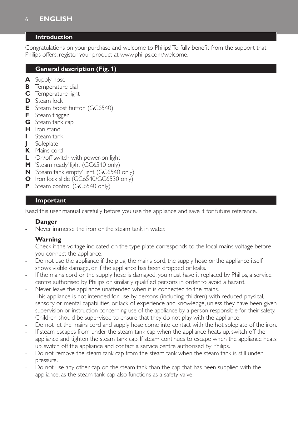 English, English 6 | Philips Centrale vapeur haute pression User Manual | Page 6 / 116