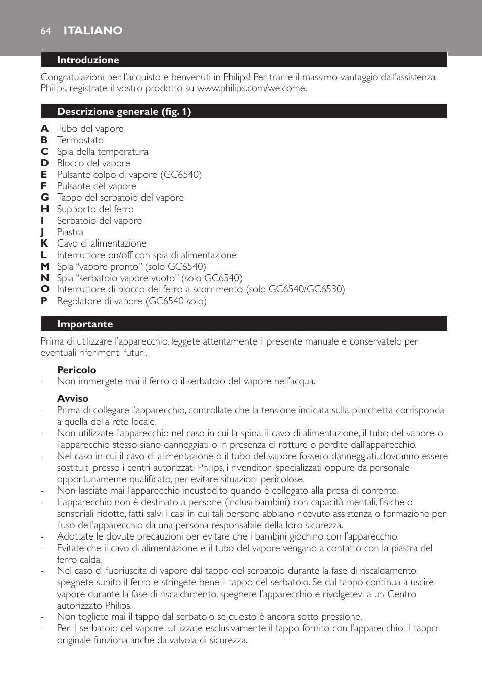 Italiano, Italiano 64 | Philips Centrale vapeur haute pression User Manual | Page 64 / 116