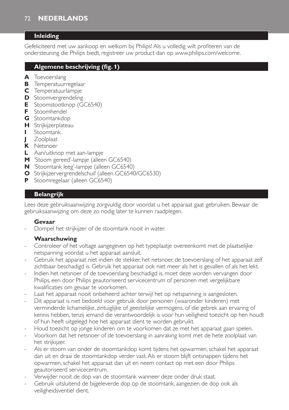 Nederlands, Nederlands 72 | Philips Centrale vapeur haute pression User Manual | Page 72 / 116