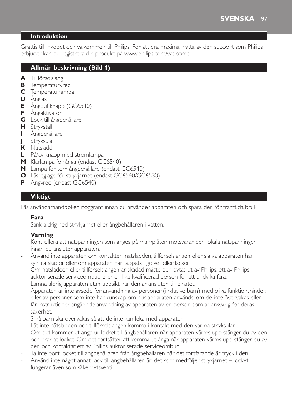 Svenska, Svenska 97 | Philips Centrale vapeur haute pression User Manual | Page 97 / 116