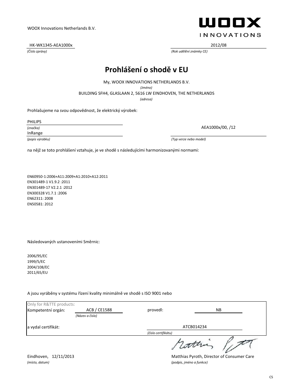 Prohlášení o shodě v eu | Philips Leash intelligent InRange av. Bluetooth User Manual | Page 15 / 21