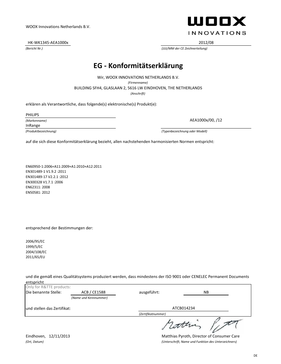 Eg - konformitätserklärung | Philips Leash intelligent InRange av. Bluetooth User Manual | Page 3 / 21