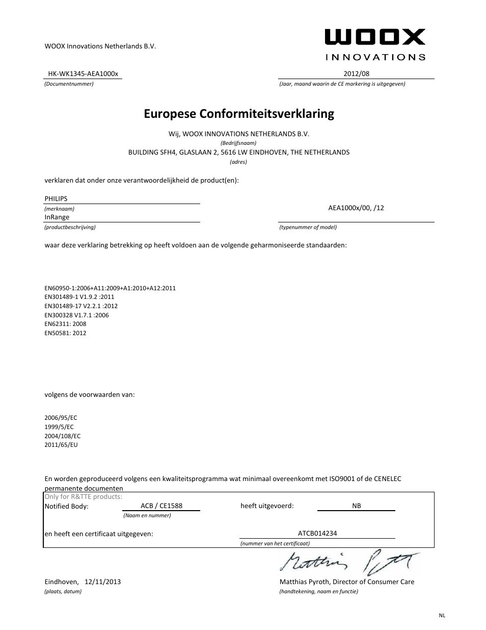 Europese conformiteitsverklaring | Philips Leash intelligent InRange av. Bluetooth User Manual | Page 4 / 21
