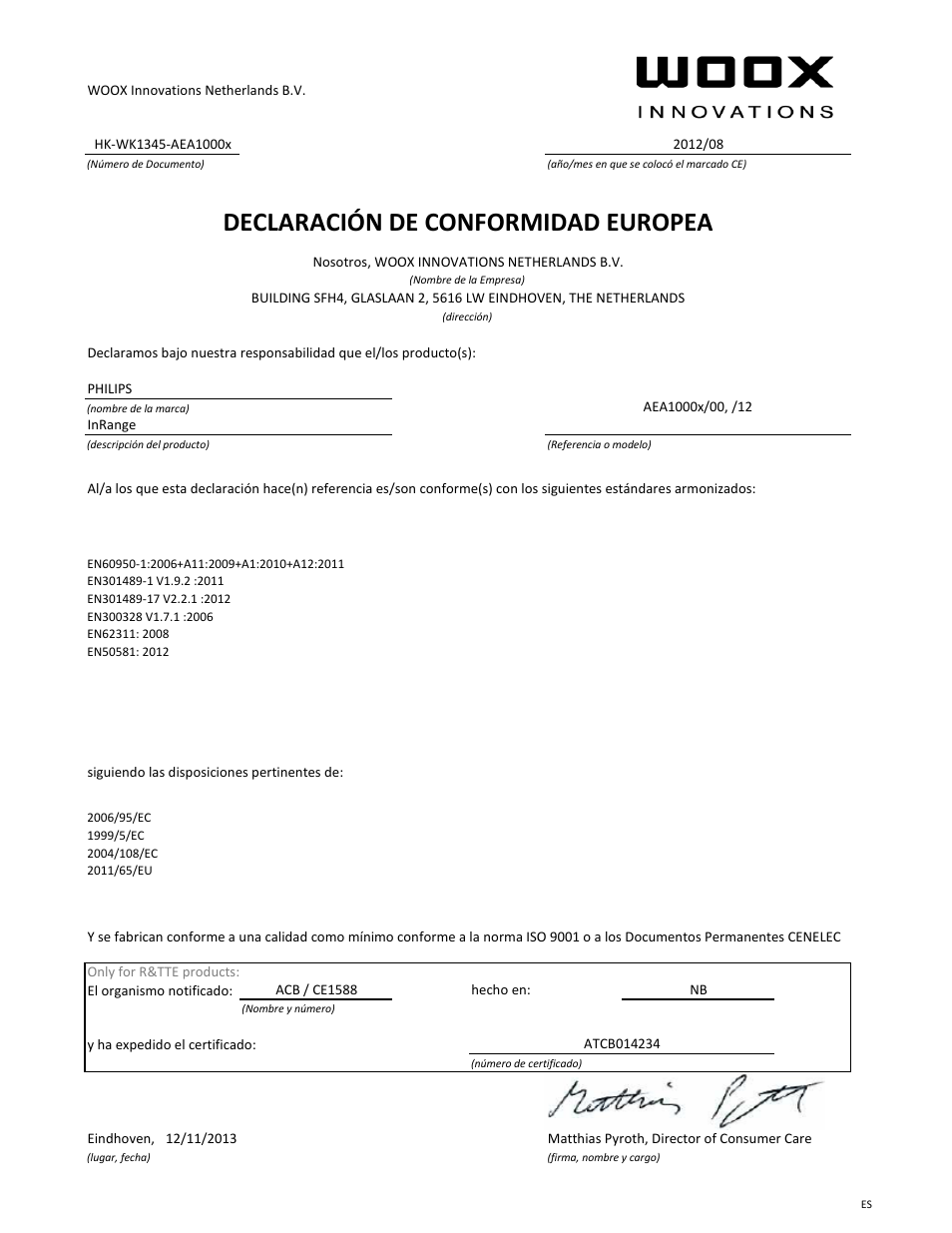 Declaración de conformidad europea | Philips Leash intelligent InRange av. Bluetooth User Manual | Page 7 / 21