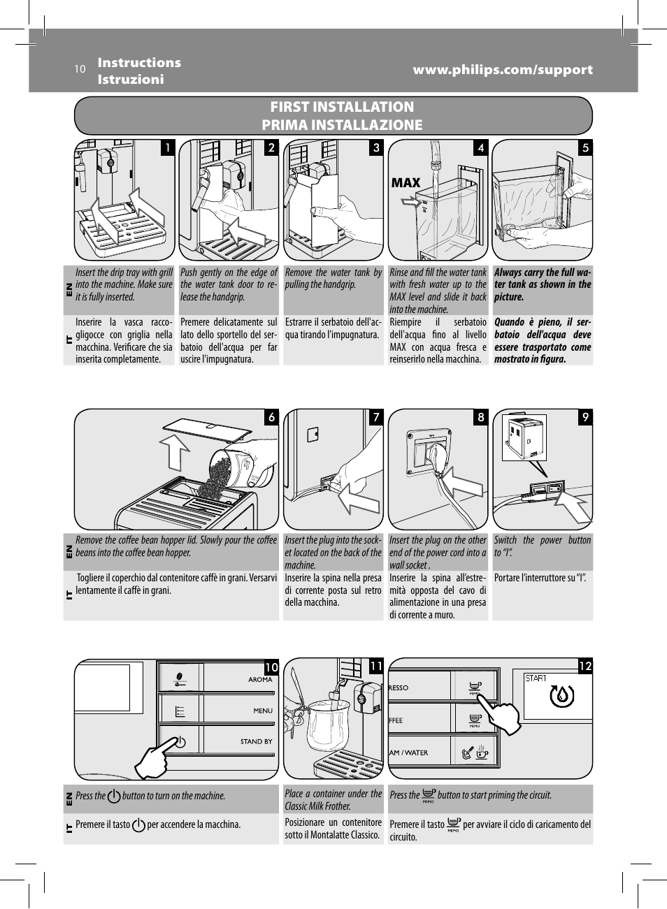 First installation prima installazione | Philips Saeco Moltio Machine espresso Super Automatique User Manual | Page 10 / 60