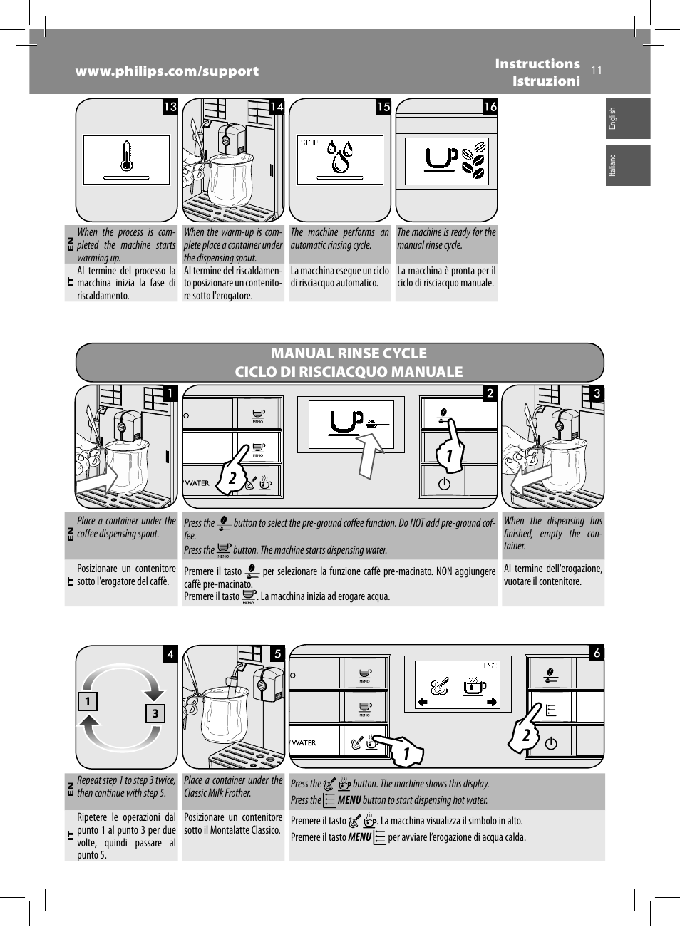 Manual rinse cycle ciclo di risciacquo manuale | Philips Saeco Moltio Machine espresso Super Automatique User Manual | Page 11 / 60