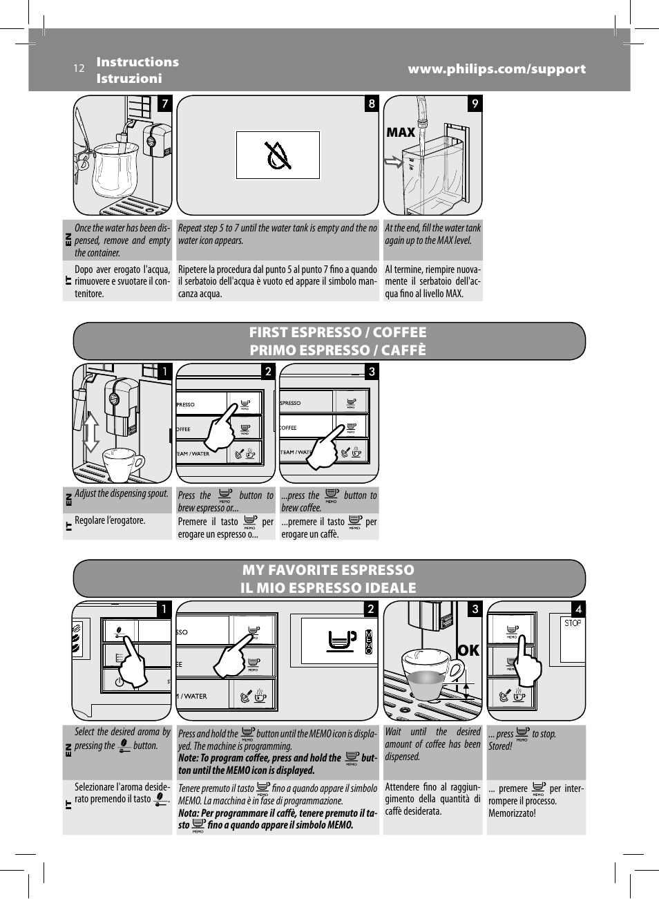 First espresso / coffee primo espresso / caffè, My favorite espresso il mio espresso ideale | Philips Saeco Moltio Machine espresso Super Automatique User Manual | Page 12 / 60