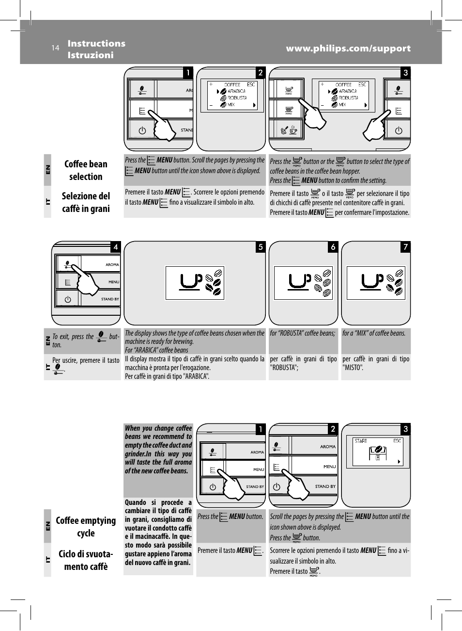 Coff ee bean selection, Selezione del caff è in grani, Coff ee emptying cycle | Ciclo di svuota- mento caff è | Philips Saeco Moltio Machine espresso Super Automatique User Manual | Page 14 / 60